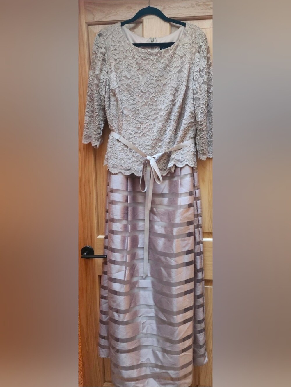 Alex Evenings Champagne Lace Top with Striped Satin Maxi Skirt